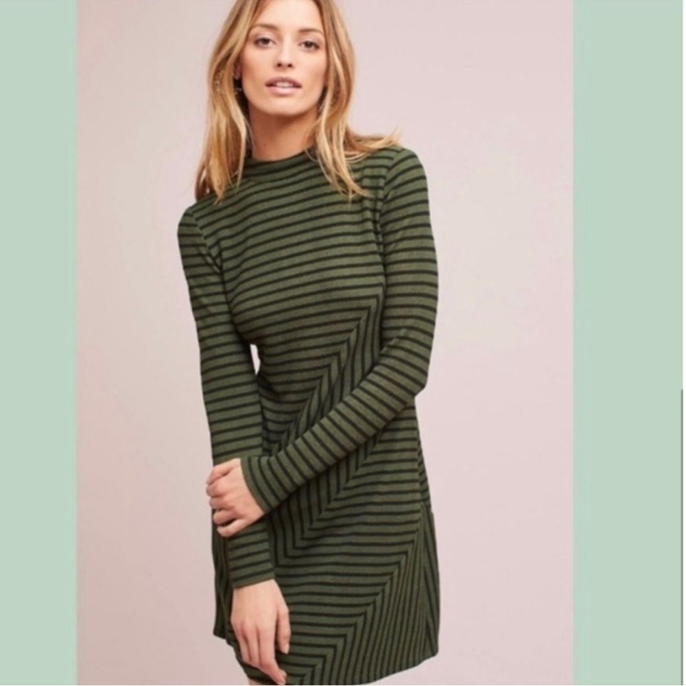 NWT Anthropologie Hutch Gabby Green & Black Striped Comfortable Mini Dress XSP